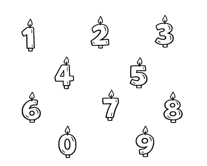 May include: Black and white line art of birthday candles numbered 0 through 9. Each candle has a flame at the top. The candles are in a simple, minimalist style, perfect for birthday celebrations.