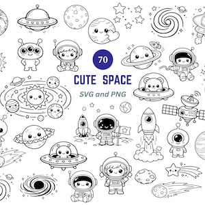 以下が含まれることがあります： 70個のキュートな宇宙をテーマにした要素の白黒イラスト。惑星、宇宙人、宇宙飛行士、ロケット、星が含まれています。「CUTE SPACE」の文字も含まれています。SVGおよびPNG形式。