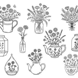 May include: Line art illustration of various floral arrangements in different containers. Includes a watering can, mason jar, teapot, and teacup, all filled with flowers. Butterflies are also included in the design.