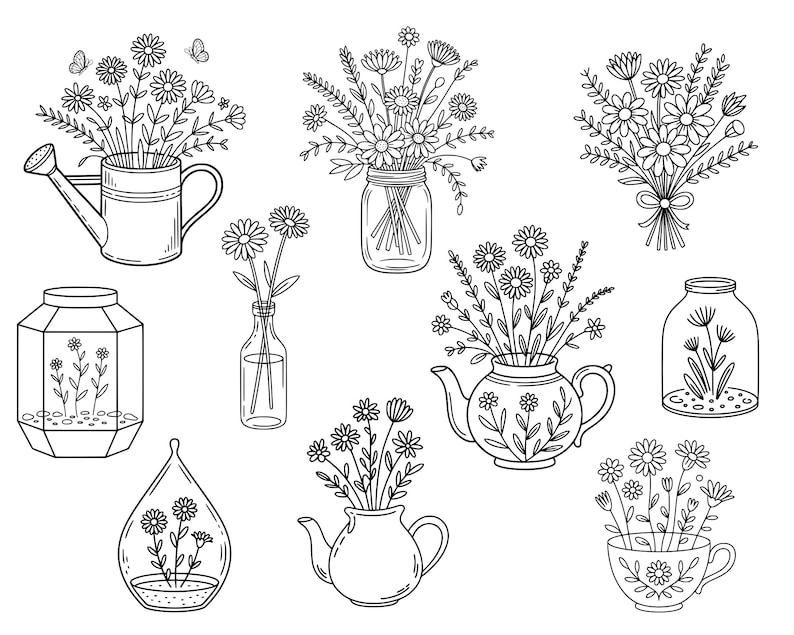 May include: Line art illustration of various floral arrangements in different containers. Includes a watering can, mason jar, teapot, and teacup, all filled with flowers. Butterflies are also included in the design.