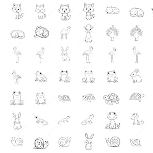 May include: A collection of black and white line art animal illustrations, including foxes, rabbits, frogs, turtles, and snails. The drawings are simple and cartoon-like, suitable for various design projects.