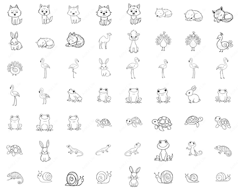 May include: A collection of black and white line art animal illustrations, including foxes, rabbits, frogs, turtles, and snails. The drawings are simple and cartoon-like, suitable for various design projects.
