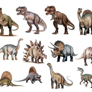 May include: A collection of 10 different dinosaur illustrations, including a Tyrannosaurus Rex, Triceratops, Stegosaurus, and Brachiosaurus. The dinosaurs are depicted in a realistic style with detailed features and vibrant colors.