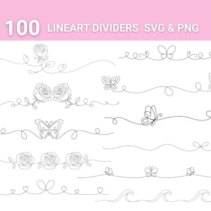 Puede incluir: Una colección de 100 divisores de arte lineal en formatos SVG y PNG. Los divisores presentan varios diseños, incluyendo rosas, mariposas, corazones y líneas onduladas, todo en un estilo minimalista en blanco y negro. El texto "100 LINEART DIVIDERS SVG & PNG" se muestra en la parte superior.