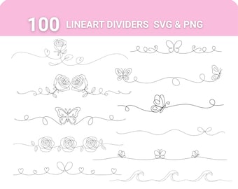 100 Line Divider SVG PNG Bundle | Design Element | Page Dividers | Decorative Text Dividers, Heart Dividers, Butterfly Dividers, Rose