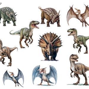 May include: A watercolor illustration of nine different dinosaurs, including a Triceratops, a Stegosaurus, and a Pterodactyl. The dinosaurs are depicted in various poses, some standing, some walking, and some flying.