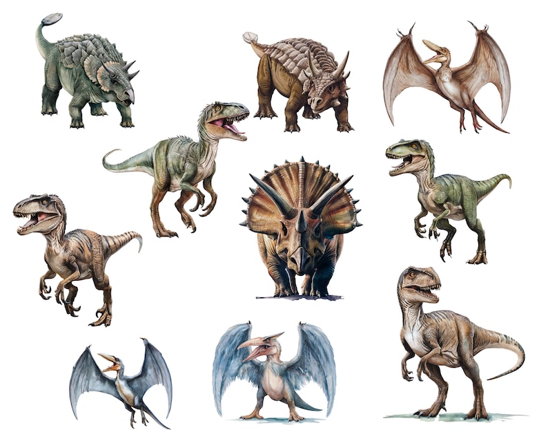 May include: A watercolor illustration of nine different dinosaurs, including a Triceratops, a Stegosaurus, and a Pterodactyl. The dinosaurs are depicted in various poses, some standing, some walking, and some flying.