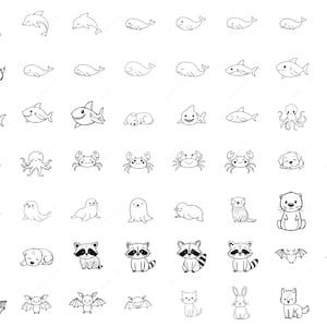 May include: A collection of black and white line drawings of various animals, including dolphins, whales, dogs, sharks, octopuses, crabs, seals, otters, raccoons, bats, cats, rabbits, and foxes. Each animal is depicted in a simple, cartoon-like style.