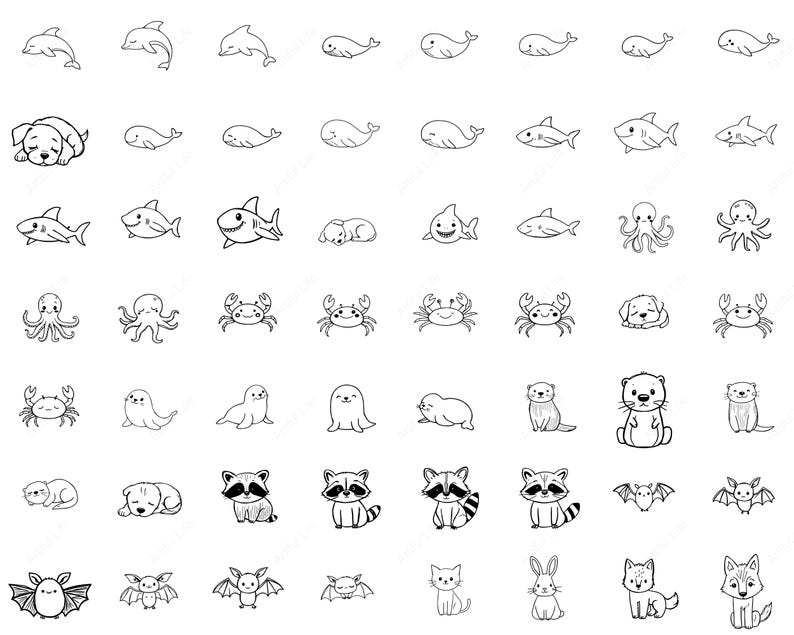 May include: A collection of black and white line drawings of various animals, including dolphins, whales, dogs, sharks, octopuses, crabs, seals, otters, raccoons, bats, cats, rabbits, and foxes. Each animal is depicted in a simple, cartoon-like style.