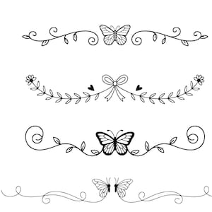 May include: Black and white line art of four decorative design elements. The designs include butterflies, leaves, bows, and hearts. The elements are arranged in a horizontal format, suitable for borders or embellishments.