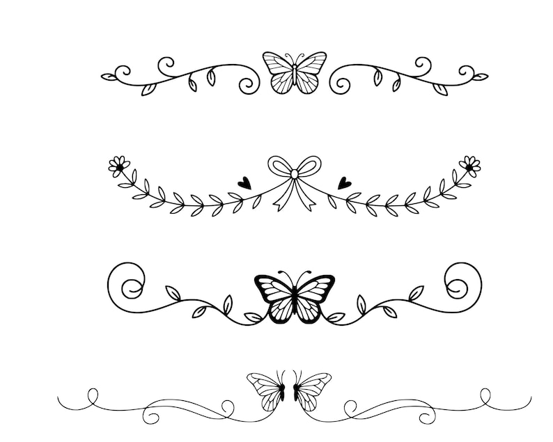 May include: Black and white line art of four decorative design elements. The designs include butterflies, leaves, bows, and hearts. The elements are arranged in a horizontal format, suitable for borders or embellishments.