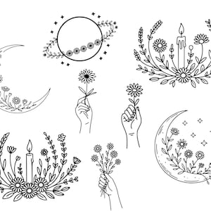 May include: Black and white line art illustrations featuring celestial and floral designs. Included are crescent moons, a planet with floral accents, hands holding flowers, and floral wreaths with candles.