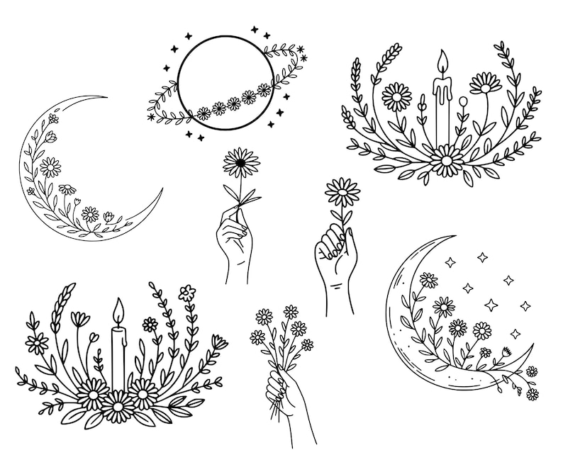 May include: Black and white line art illustrations featuring celestial and floral designs. Included are crescent moons, a planet with floral accents, hands holding flowers, and floral wreaths with candles.