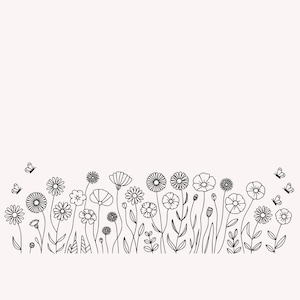 May include: A black and white line drawing of various flowers and butterflies. The flowers are of different shapes and sizes, with detailed petals and stems. Three butterflies are scattered throughout the image, adding a touch of whimsy.