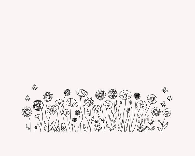 May include: A black and white line drawing of various flowers and butterflies. The flowers are of different shapes and sizes, with detailed petals and stems. Three butterflies are scattered throughout the image, adding a touch of whimsy.