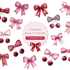 May include: A set of 15 watercolor illustrations of pink and red bows with cherries. The illustrations are on a white background. "Coquette Bows & Cherries 15 transparent PNGs" is written in a pink circle.