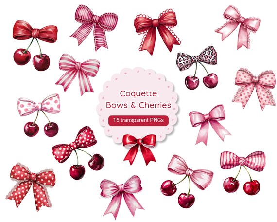 Coquette Cherries PNG | Cherry with Bow | Watercolor Clipart png | Cherry Bow Png | Coquette Bows