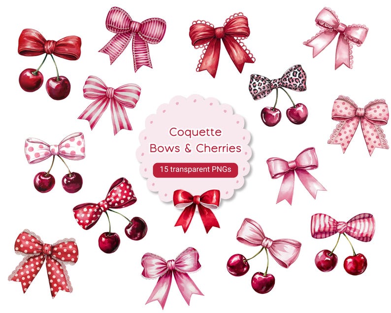 May include: A set of 15 watercolor illustrations of pink and red bows with cherries. The illustrations are on a white background. "Coquette Bows & Cherries 15 transparent PNGs" is written in a pink circle.