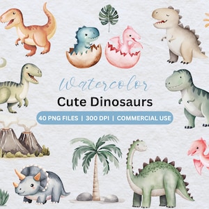 Aquarell süßer Dinosaurier Clipart | 40 transparente PNGs Clipart | Sofortiger digitaler Download Kommerzielle Nutzung