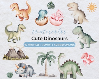 May include: Watercolour illustrations of cute dinosaurs in various poses, including a T-Rex, a Triceratops, a Stegosaurus, and a Pterodactyl. The illustrations are in a cartoon style and feature bright colours.