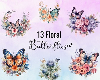Floral Butterfly Clipart | 13 High Quality transparent png for Commercial Use | Floral Butterflies | Instant Digital Download