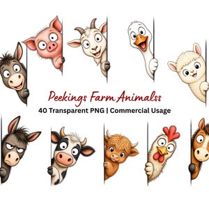 May include: A collection of cartoon farm animal illustrations including a donkey, pig, goat, goose, llama, cow, highland cow, chicken, and horse, all peeking from behind a vertical edge. The text reads Peekings Farm Animalss 40 Transparent PNG.