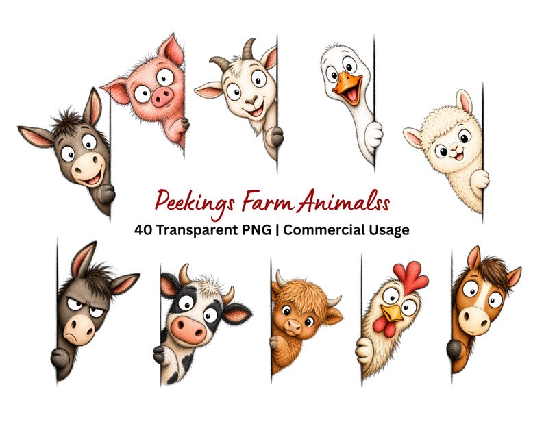 May include: A collection of cartoon farm animal illustrations including a donkey, pig, goat, goose, llama, cow, highland cow, chicken, and horse, all peeking from behind a vertical edge. The text reads Peekings Farm Animalss 40 Transparent PNG.