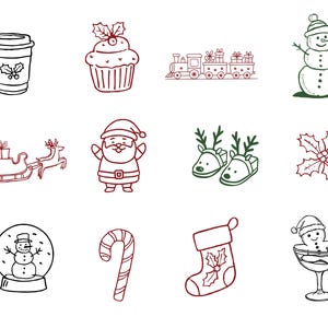 May include: A collection of Christmas-themed line drawings in red, green, and black. The illustrations include a coffee cup, cupcake, train, snowman, sleigh, Santa Claus, reindeer slippers, holly, snow globe, candy cane, stocking, and a gingerbread man in a glass.