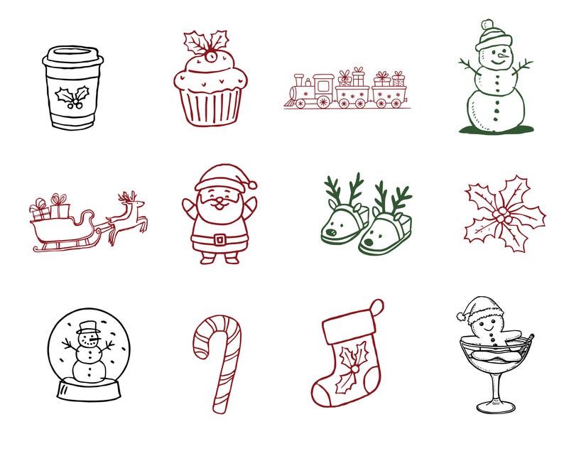 May include: A collection of Christmas-themed line drawings in red, green, and black. The illustrations include a coffee cup, cupcake, train, snowman, sleigh, Santa Claus, reindeer slippers, holly, snow globe, candy cane, stocking, and a gingerbread man in a glass.