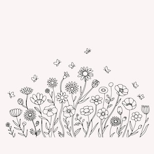 May include: A black and white line drawing of various wildflowers and butterflies. The flowers include daisies, poppies, and other stylized blooms. Several butterflies are scattered above the flowers, creating a whimsical and natural scene.
