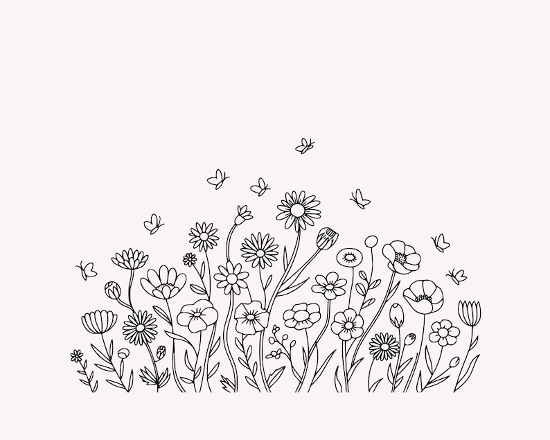 May include: A black and white line drawing of various wildflowers and butterflies. The flowers include daisies, poppies, and other stylized blooms. Several butterflies are scattered above the flowers, creating a whimsical and natural scene.