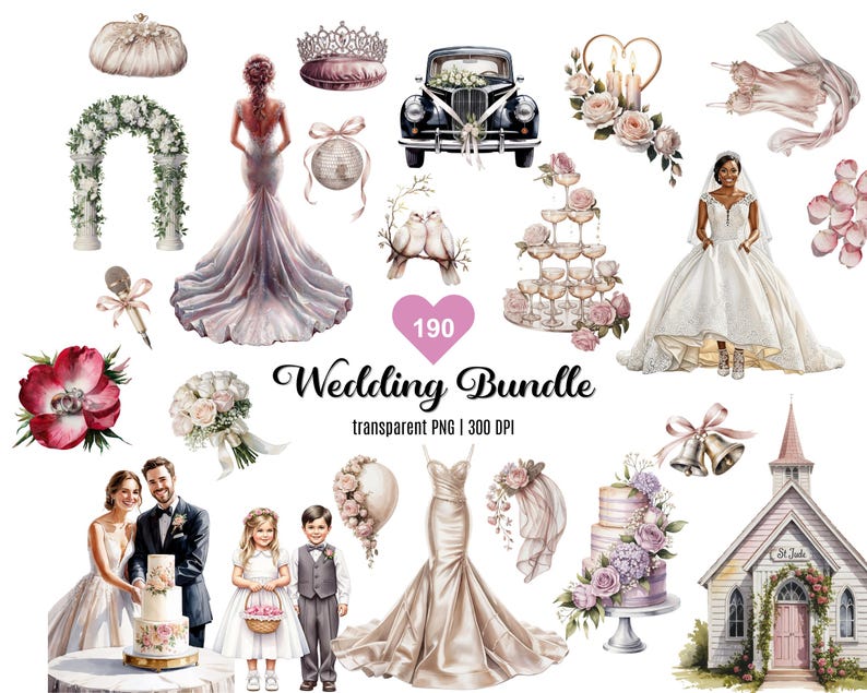 190 Watercolor Wedding Clipart Bundle | Wedding PNG | Wedding Timeline ...