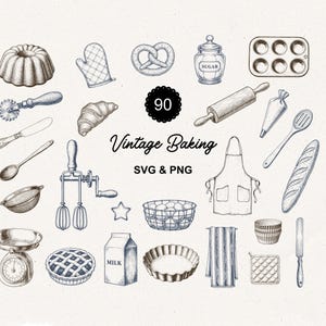 Könnte beinhalten: Eine Sammlung von 90 Vintage-Backillustrationen im SVG- und PNG-Format. Das Bild zeigt verschiedene Backwerkzeuge und -leckereien, darunter ein Gugelhupf, ein Ofenhandschuh, eine Brezel, ein Zuckertopf, eine Muffinform, ein Nudelholz und eine Torte.