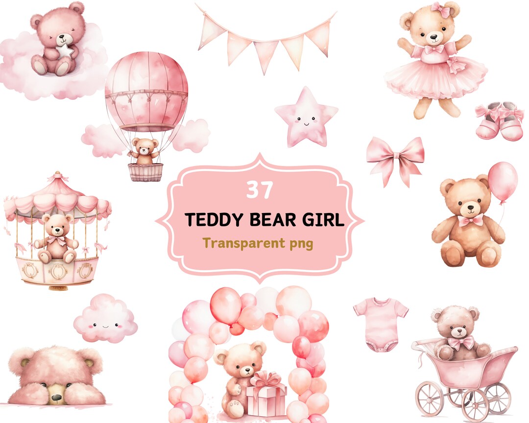 Watercolor Teddy Bear Clipart | Baby Shower for a Girl | 37 Transparent ...