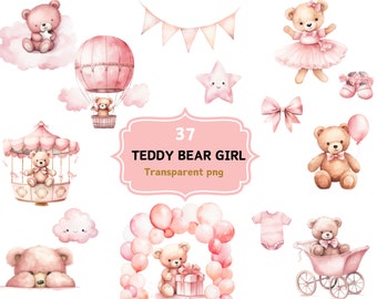 Watercolor Teddy Bear Clipart | Baby Shower for a girl | 37 Transparent PNGs clipart | Instant Digital Download Commercial use