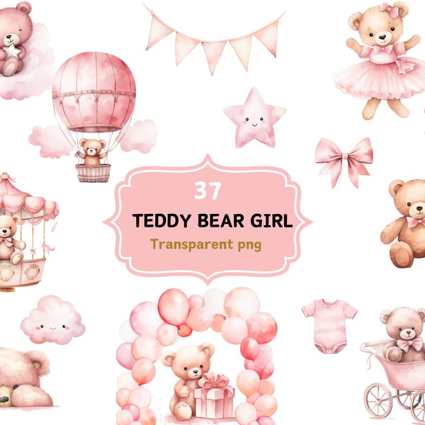 Watercolor Teddy Bear Clipart | Baby Shower for a girl | 37 Transparent PNGs clipart | Instant Digital Download Commercial use