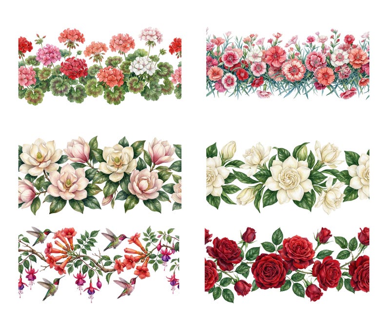 May include: A collection of watercolor floral border designs featuring various flowers, including geraniums, carnations, magnolias, gardenias, hummingbirds with trumpet vines, and roses. Each design showcases vibrant colors and intricate details.
