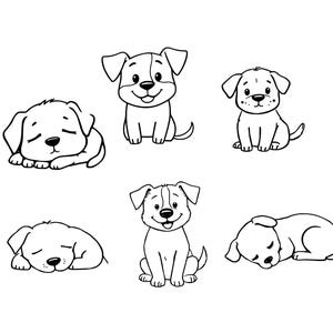 May include: Black and white line art of six cartoon puppies in various poses. Some are sitting, some are sleeping, and all have friendly expressions. The puppies are drawn with simple lines and shapes.