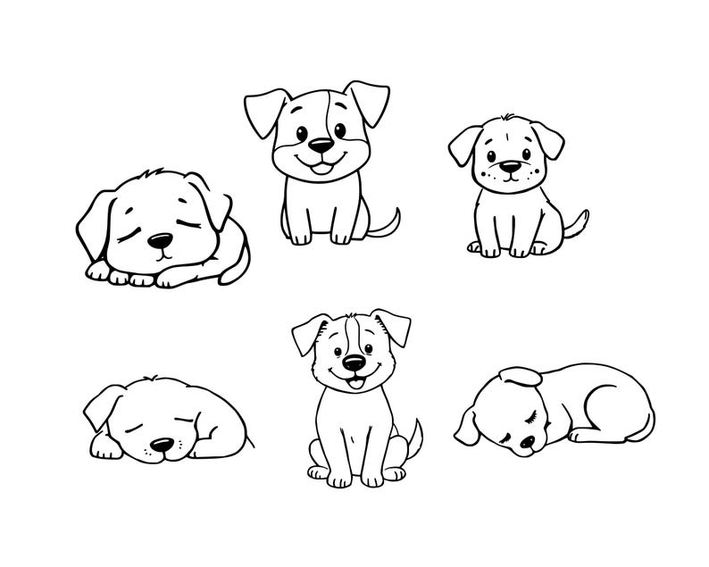 May include: Black and white line art of six cartoon puppies in various poses. Some are sitting, some are sleeping, and all have friendly expressions. The puppies are drawn with simple lines and shapes.