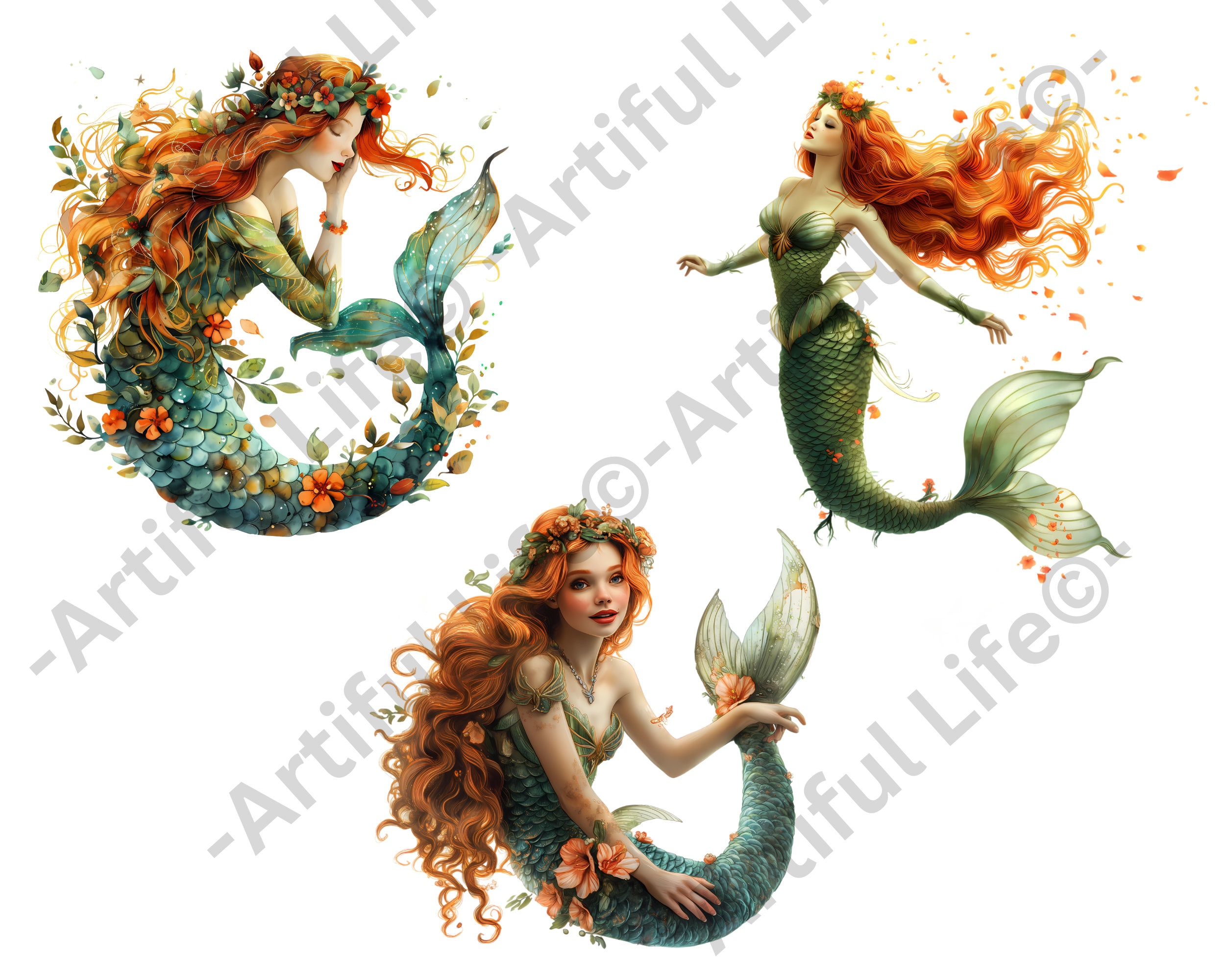 21 Watercolor Mermaid Clipart Bundle | Pretty Fashion Mermaids PNG ...