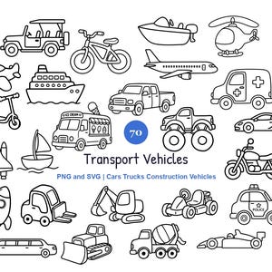 May include: Black and white line art illustrations of various transport vehicles, including a jeep, bicycle, boat, helicopter, airplane, ambulance, car, motorcycle, and more. The text "Transport Vehicles" is also included.