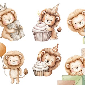 May include: Watercolor illustrations of adorable lion cubs celebrating a birthday. One lion wears a crown and holds a gift, others have cupcakes with candles, and one holds a balloon. The cubs are surrounded by wrapped presents.