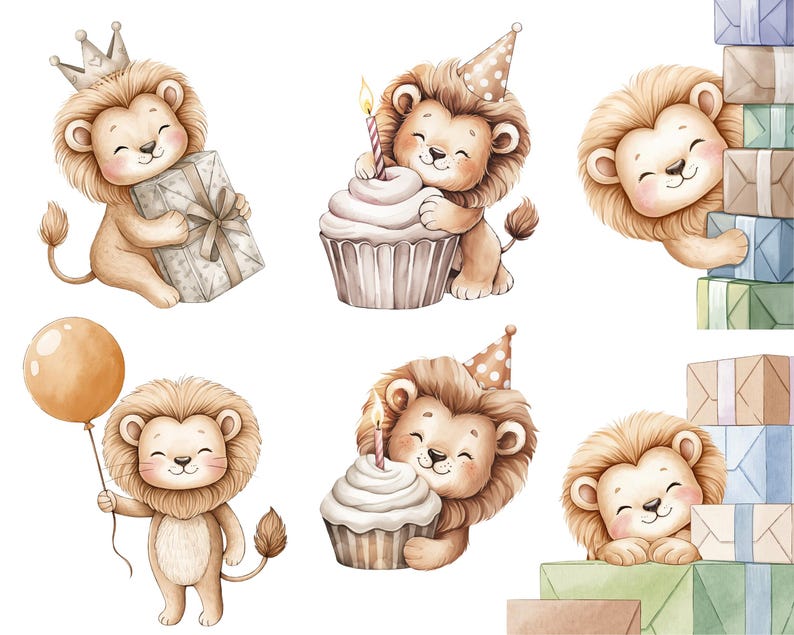 May include: Watercolor illustrations of adorable lion cubs celebrating a birthday. One lion wears a crown and holds a gift, others have cupcakes with candles, and one holds a balloon. The cubs are surrounded by wrapped presents.