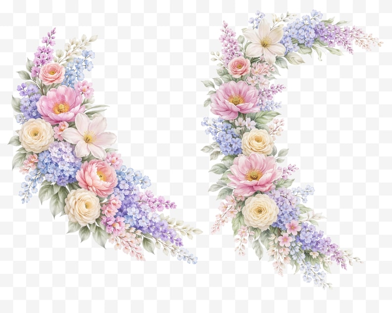 May include: Watercolor floral arrangement featuring pink peonies, light blue hydrangeas, cream roses, and lavender sprigs. The arrangement is accented with green leaves and white flowers, creating a soft, romantic aesthetic. Perfect for wedding invitations or other design projects.