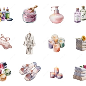 May include: Watercolor illustration of spa and self-care items. Includes essential oil bottles, bath salts, a soap dispenser, lavender and orange-scented oils, a sleep mask, a robe, candles, towels, lip balms, slippers, and more.