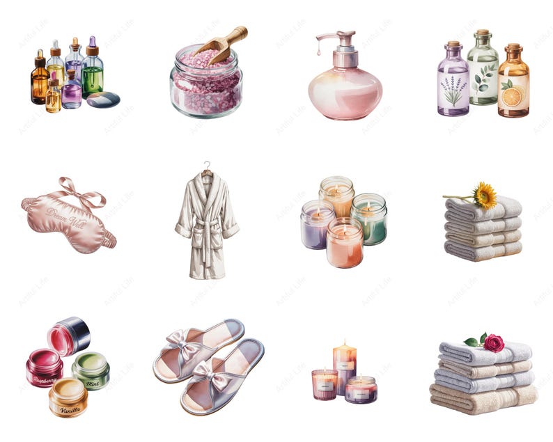May include: Watercolor illustration of spa and self-care items. Includes essential oil bottles, bath salts, a soap dispenser, lavender and orange-scented oils, a sleep mask, a robe, candles, towels, lip balms, slippers, and more.