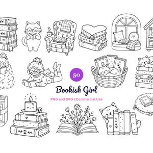 May include: A collection of black and white line art illustrations featuring stacks of books, cats, reading figures, a cosy armchair, a candle, and floral motifs. The central text reads 50 Bookish Girl PNG and SVG Commercial Use.