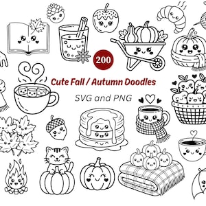 May include: Black and white line art of cute fall-themed doodles, including pumpkins, apples, a cup of cocoa, and a stack of pancakes. The text "Cute Fall / Autumn Doodles" is also present. The image is labeled "SVG and PNG".