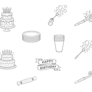 May include: Black and white line art illustrations of birthday party items. Includes a tiered cake with candles, stacks of plates and cups, a banner with "Happy Birthday", party blowers, bubbles, and wrapped candy.