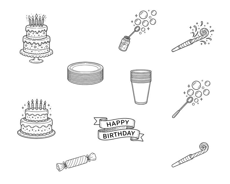 May include: Black and white line art illustrations of birthday party items. Includes a tiered cake with candles, stacks of plates and cups, a banner with "Happy Birthday", party blowers, bubbles, and wrapped candy.